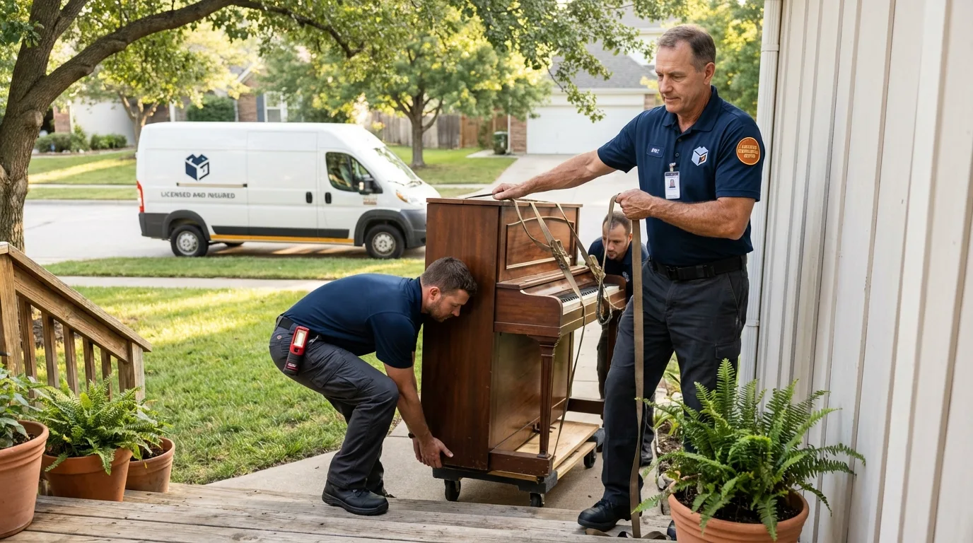 Licensed piano movers securing grand piano in Florence, TX