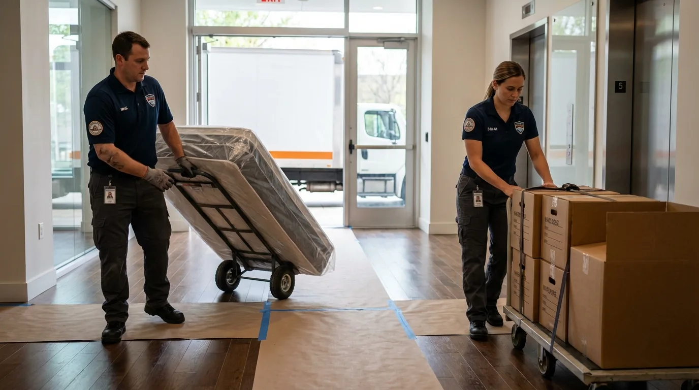 Professional apartment movers loading elevator in Florence, TX