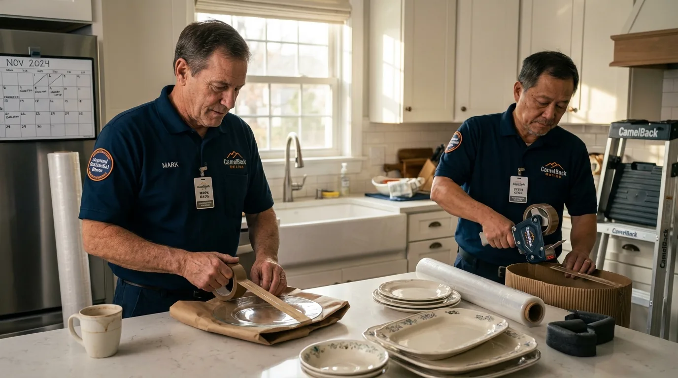 Professional crew packing kitchen dishware in Florence, TX